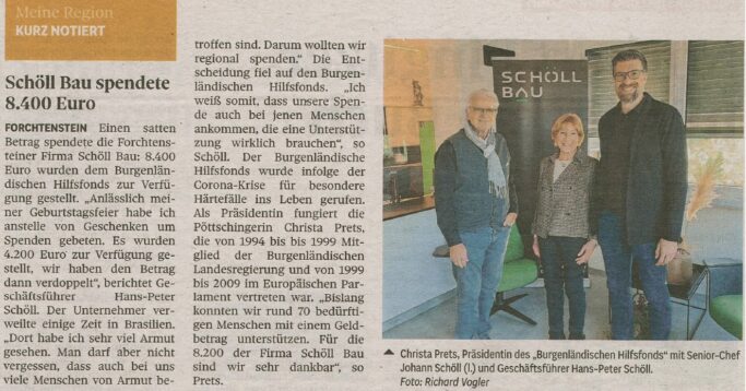 Bauunternehmen Schöll Bau Burgenland spendet Burgenländischen Hilfsfonds