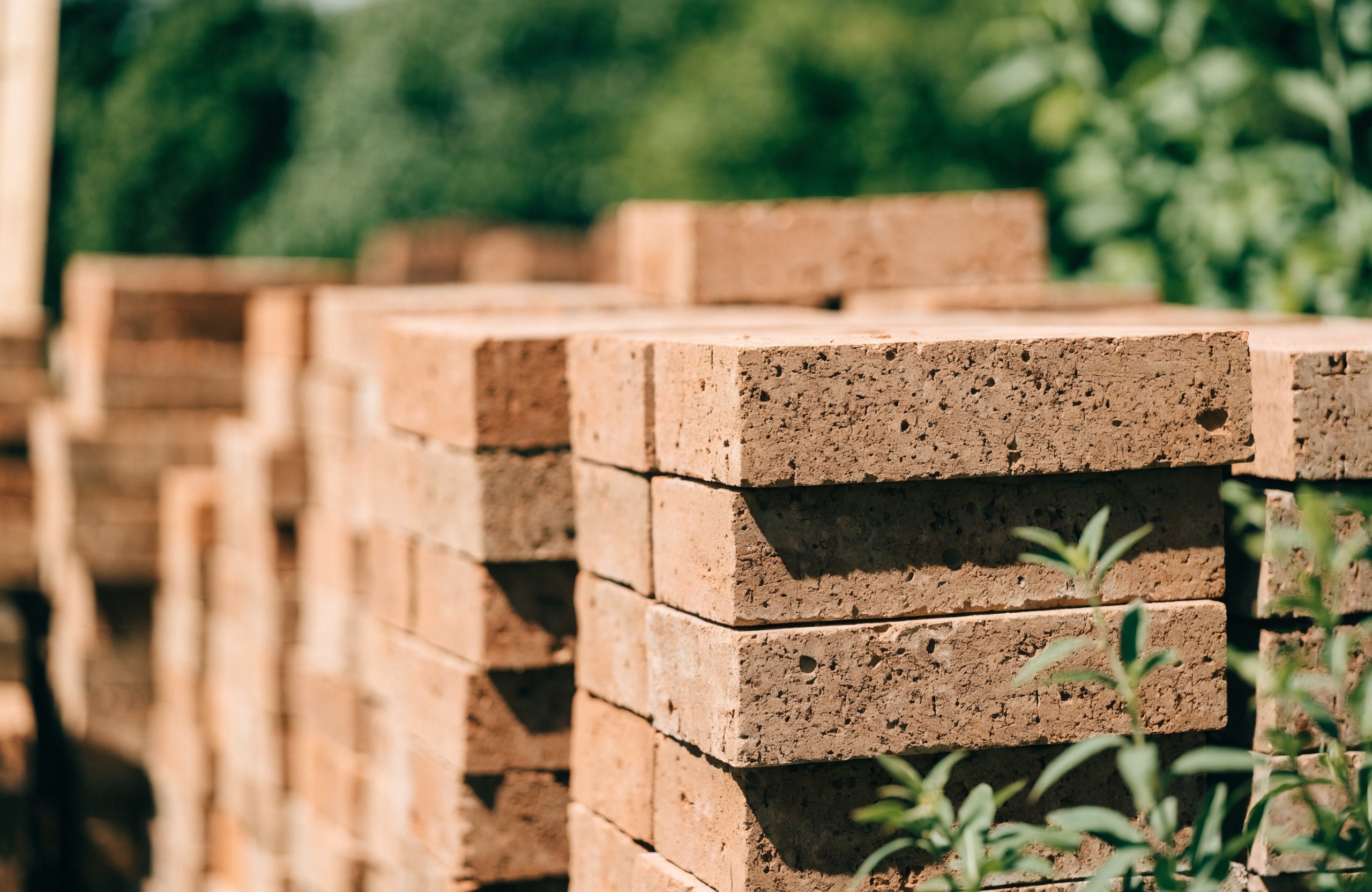 Natürliche Ziegel mit frischem Grün auf einer Baustelle – Nachhaltigkeit und Naturbaustoff Ziegel